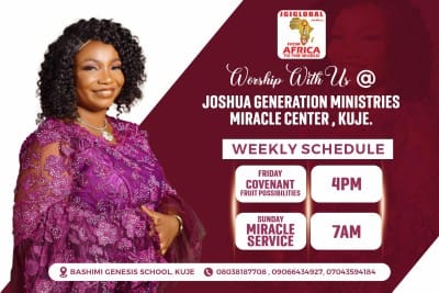Joshua Generation Ministries Miracle Center Kuje weekly schedule flyer