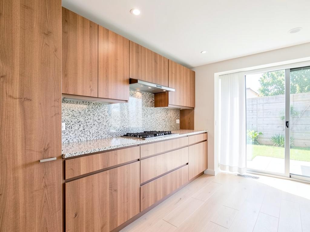 Fitted kitchen with wooden cabinets and granite worktop