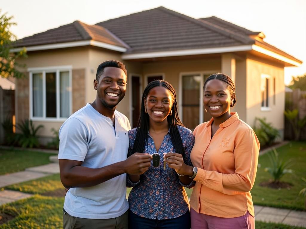A happy family holding keys in front of their affordable new home