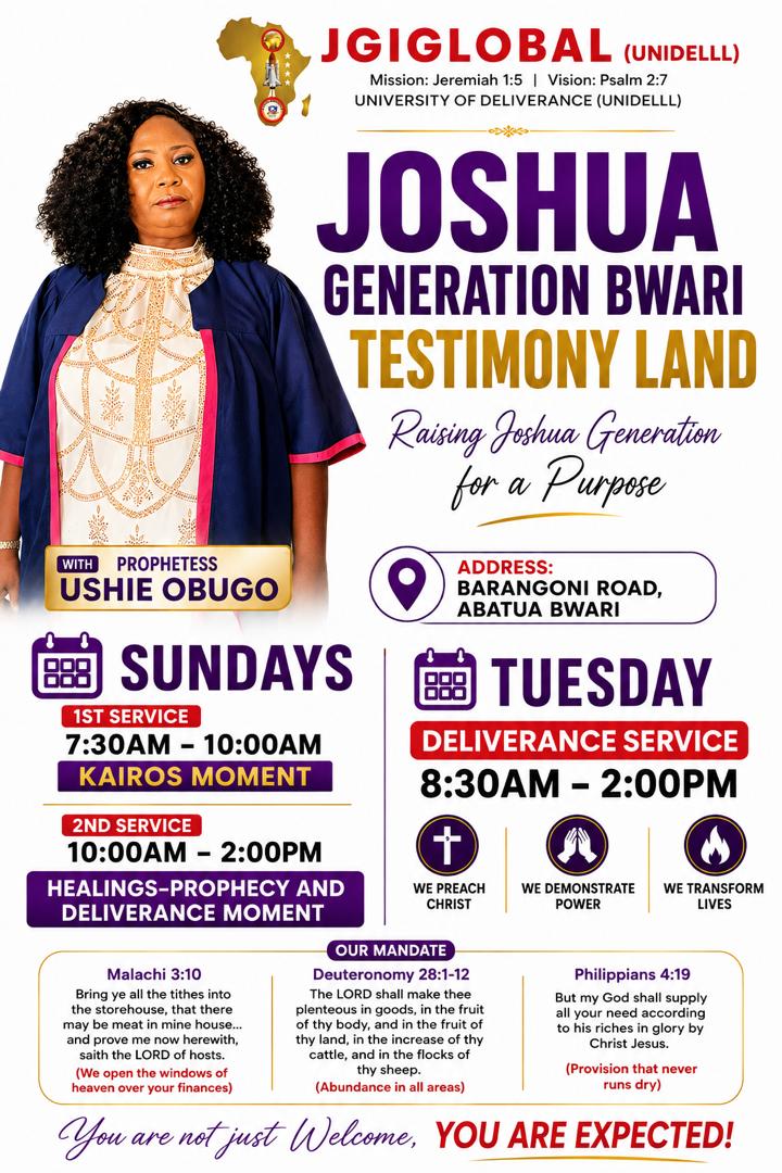 Joshua Generation Bwari — Testimony Land flyer with Prophetess Ushie Obugo