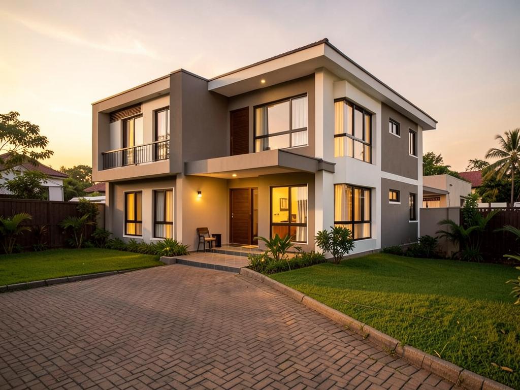 Exterior of a completed A1 Homes duplex at sunset