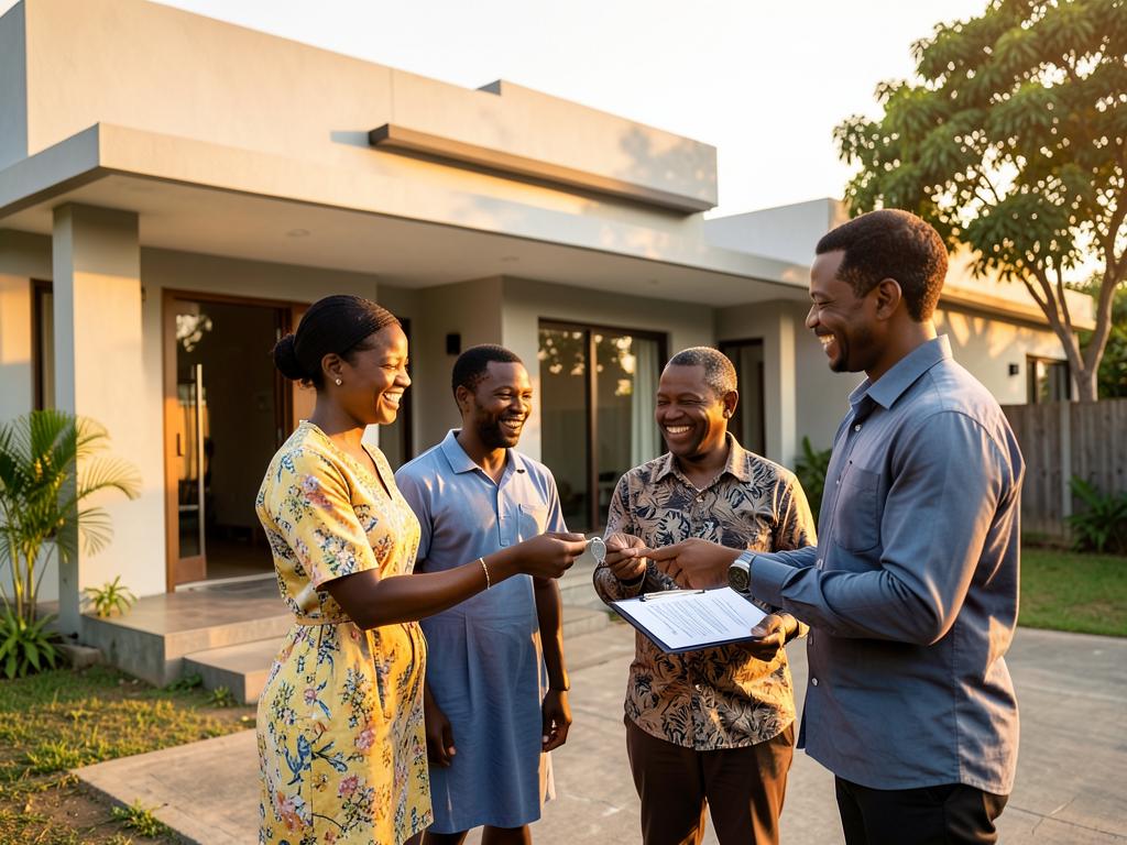 A family receiving house keys in front of their new A1 Home at sunset