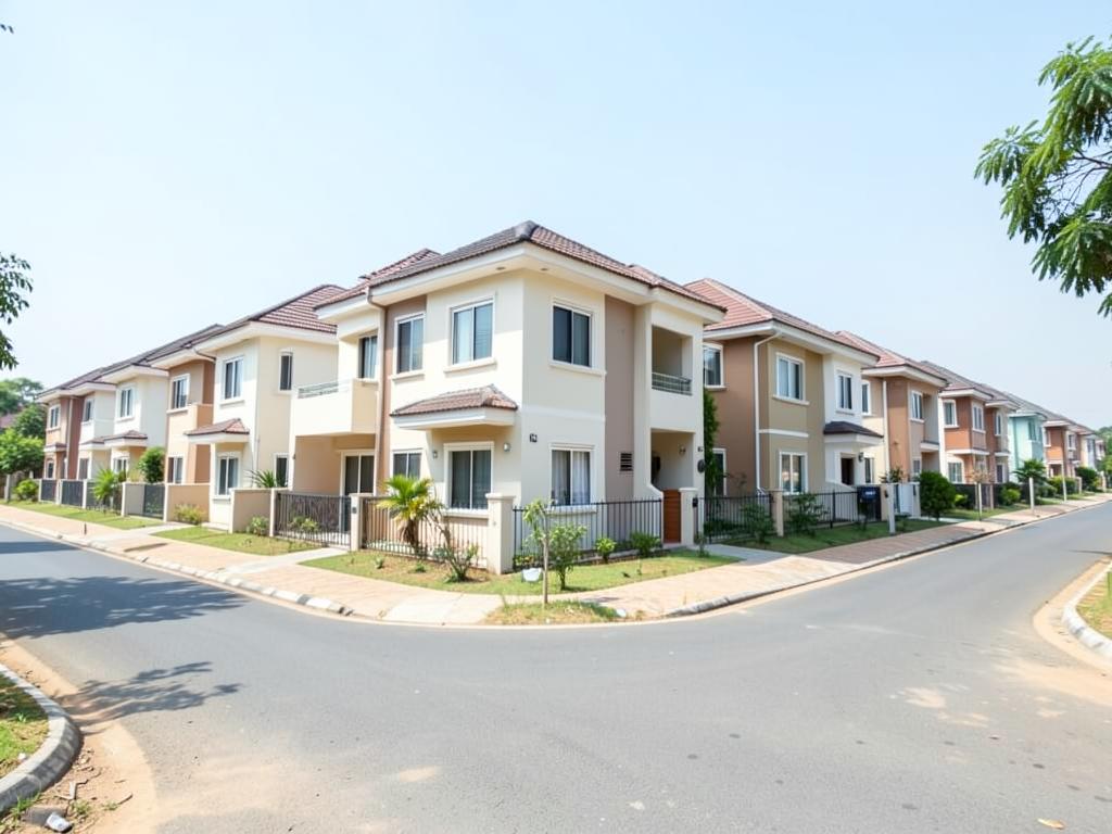 A row of newly built terraced homes on a paved estate road