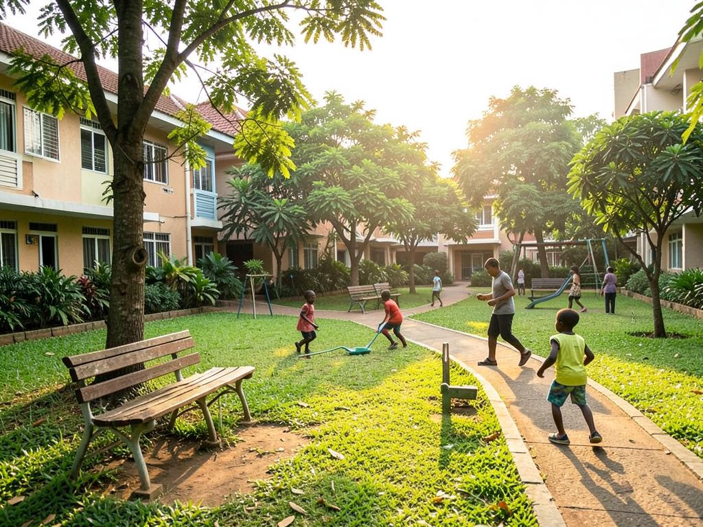 Children playing in a green park inside the estate
